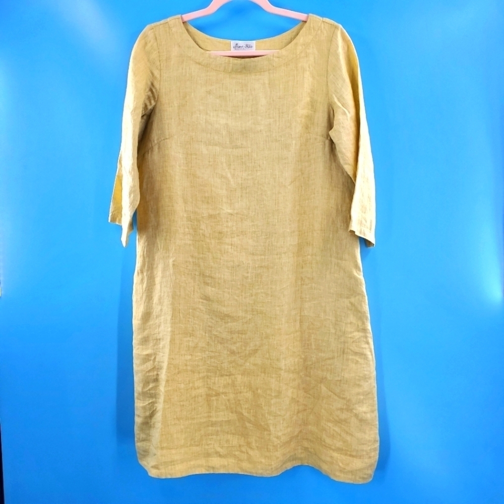 Elementree pale yellow linen dress 3/4 sleeves L